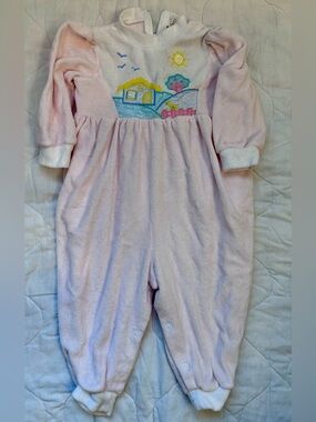 Vintage Pink Plush Baby Romper with Sunny House Embroidery